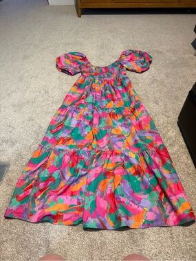 Peach Love Bright Multicolor Puff Sleeve Maxi Dress - Pink, Green, Orange